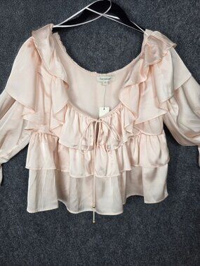 Francescas Ruffled Blush Pink Tiered Blouse With 3/4 Sleeves & Drawstring Tie Fr